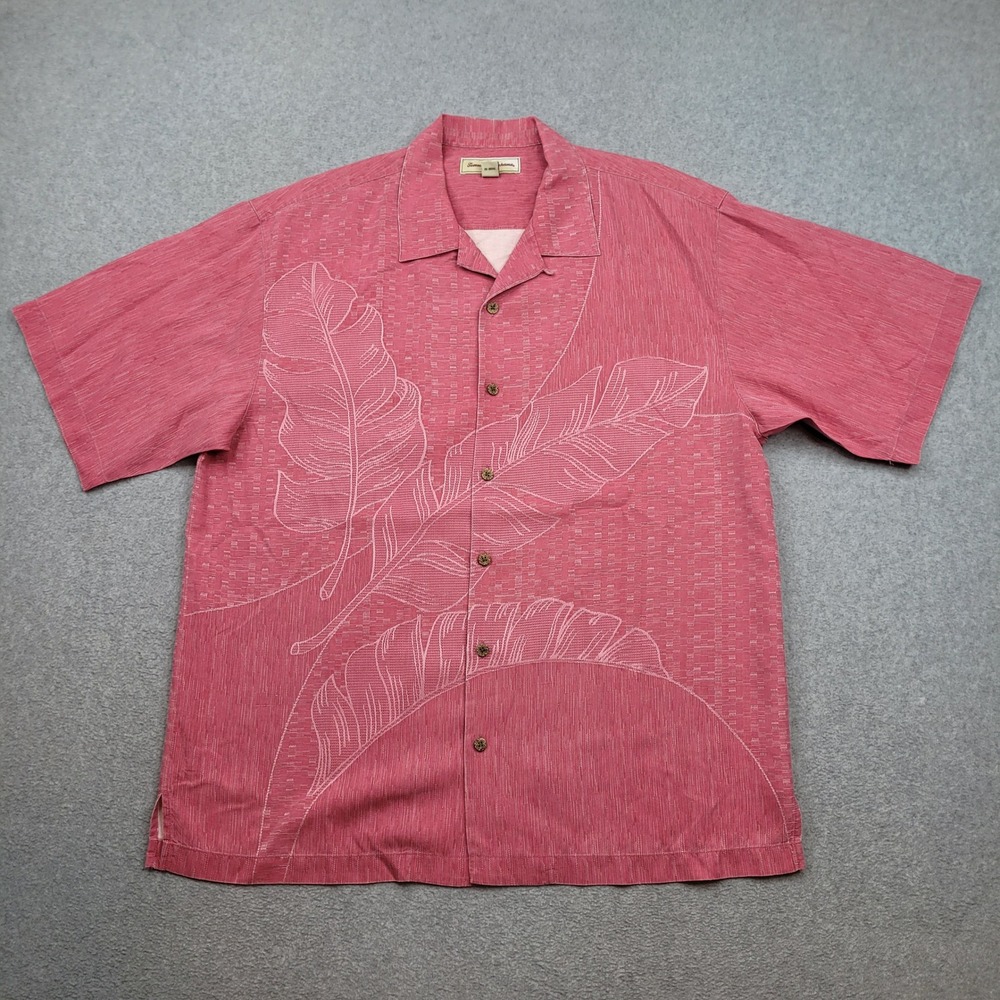 Tommy Bahama 100% Silk Button Up Shirt Mens Large Red Leaf Pattern Short Sleeve